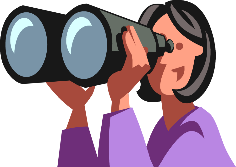 Vector Illustration of Excited Businesswoman Looks Through Binoculars to Future Business Opportunities