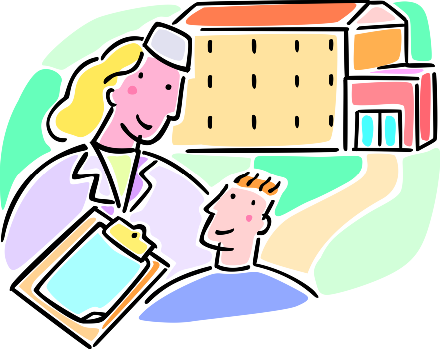 Vector Illustration of Hospital Medical Nurse with Patient and Chart on Clipboard Portable Writing Surface
