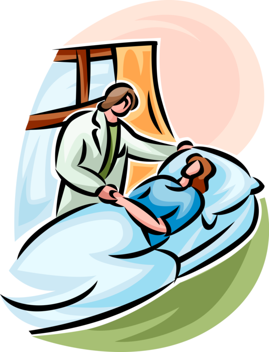 Vector Illustration of Health Care Professional Doctor Physician in Bedside Conversation with Patient in Hospital Bed