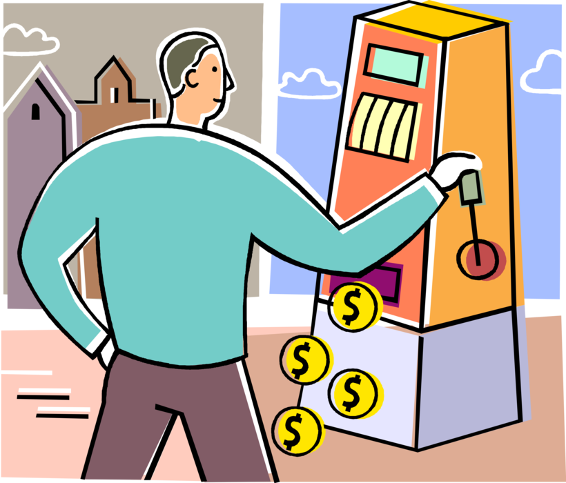 Vector Illustration of Man Hits the Jackpot Playing Casino Slot Machine Winning Cash Money Dollar Coins
