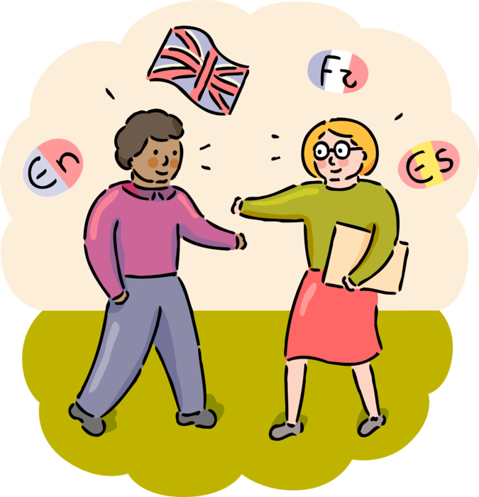 Vector Illustration of Foreign Exchange High School Students Embrace in Introduction Greeting