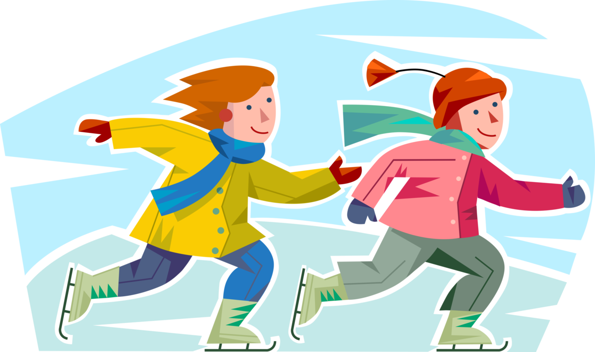 Vector Illustration of Young Girls Ice Skating in Winter on Frozen Pond with Skates