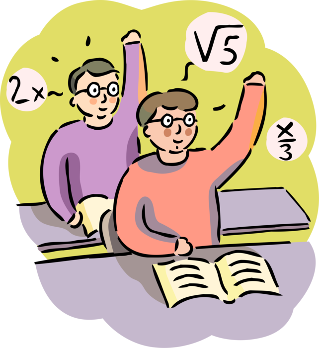 Vector Illustration of Student in School Classroom Raise Hands to Answer Teacher's Question in Math Class