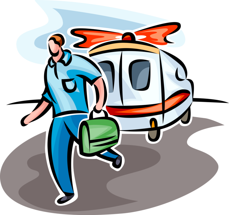 Vector Illustration of Health Care Attendant Rushes from Paramedic Service Emergency Ambulance Vehicle