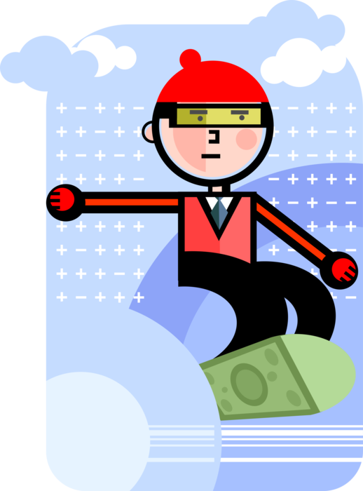 Vector Illustration of Businessman Snowboarder Rides Financial Snowboard on Downhill Slopes in Winter