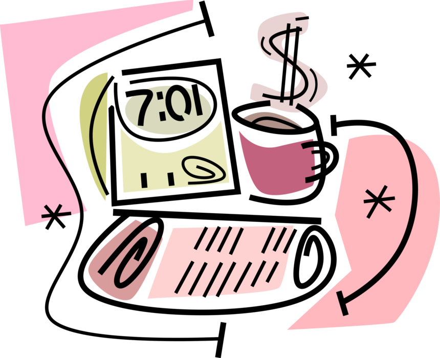 Vector Illustration of Morning Newspaper Serial Publication Containing News, Articles, and Advertising with Cup of Coffee