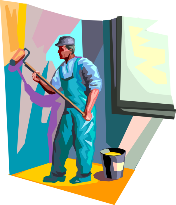Vector Illustration of Home Renovation and Decoration Painter Painting House with Paint Roller Brush