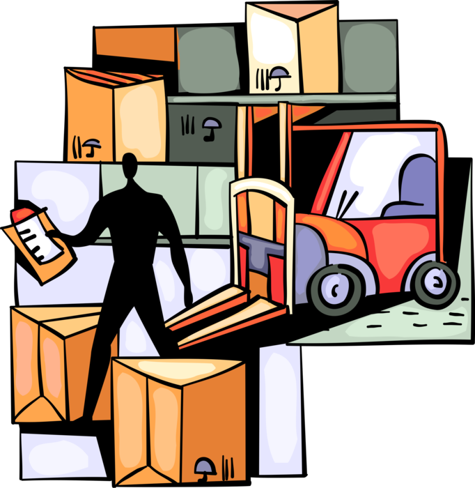 Vector Illustration of Stock Room Warehouse Worker with Box Crates and Forklift Equipment
