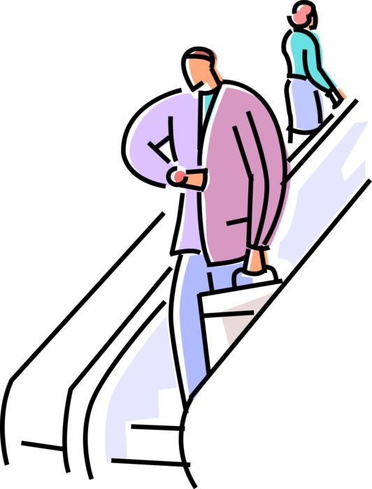 Vector Illustration of Businessman Checks Time on Wristwatch Riding Escalator Moving Staircase on way to Scheduled Meeting