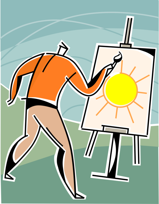 Vector Illustration of Visual Arts Artist Paints Sunny Day Canvas Painting Picture on Easel with Paintbrush