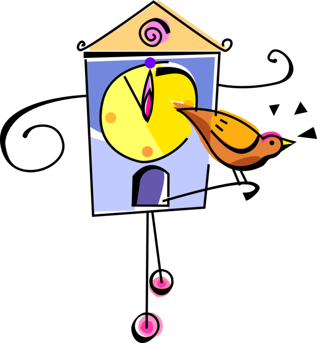 Vector Illustration of Cuckoo Clock Tells Time and Chimes on the Hour with Cuckoo Bird