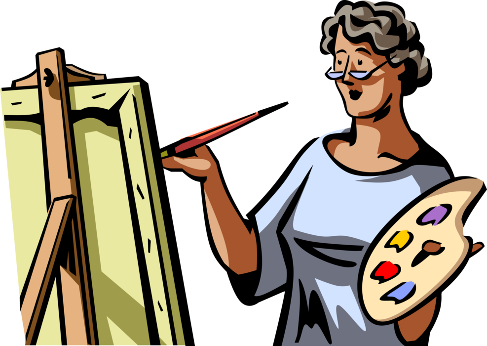 Vector Illustration of Retired Elderly Senior Citizen Artist Painter Painting on Easel Canvas with Paintbrush and Palette