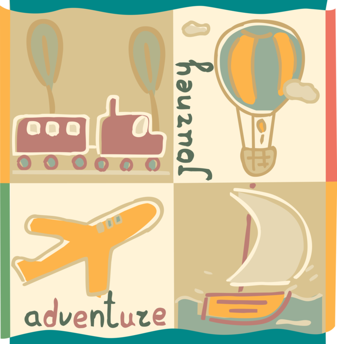 Vector Illustration of Travel and Adventure Modes of Transportation with Hot Air Balloon, Railway Train, Jet Airplane, Ocean Vessel Sailboat