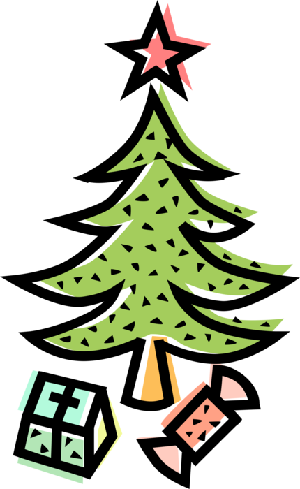 Vector Illustration of Evergreen Christmas Tree with Ornament Decoration Star and Gifts