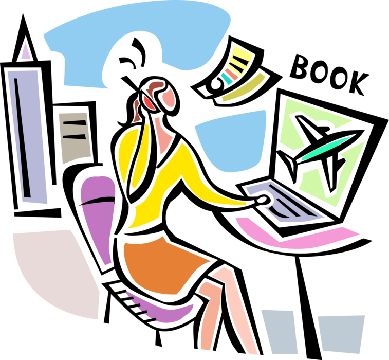 Vector Illustration of Booking Airline Travel Reservations with Online Internet Computer and Mobile Cell Phone at Work