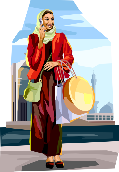 Vector Illustration of Middle Eastern Islamic Muslim Arab Woman on Shopping Spree in Open-air Souk or Souq Marketplace