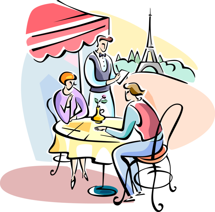 Vector Illustration of Waiter with Patrons at Outdoor French Café by Eiffel Tower, Paris, France