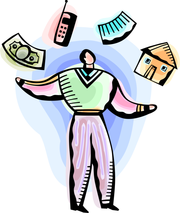 Vector Illustration of Multitasking Businessman Juggles Home, Work and Financial Responsibility