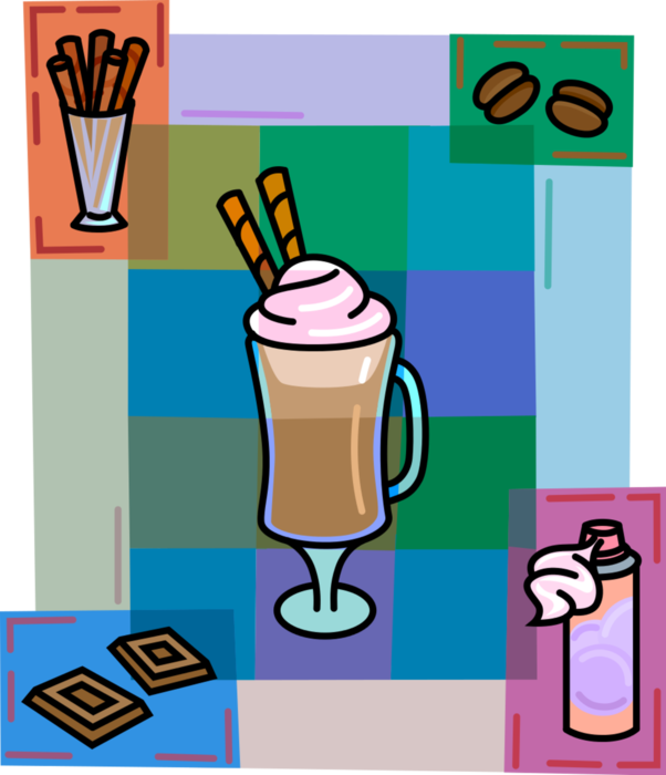 Vector Illustration of Gourmet Coffee Drink Beverage with Whipped Cream Topping and Biscuits