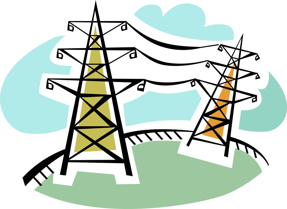 Vector Illustration of Transmission Tower Carries Electrical Power Lines to Distribute Electricity