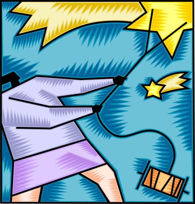 Vector Illustration of Aspiring Ambitious Businesswoman Strives for Success, Lassoos Shooting Star with Rope