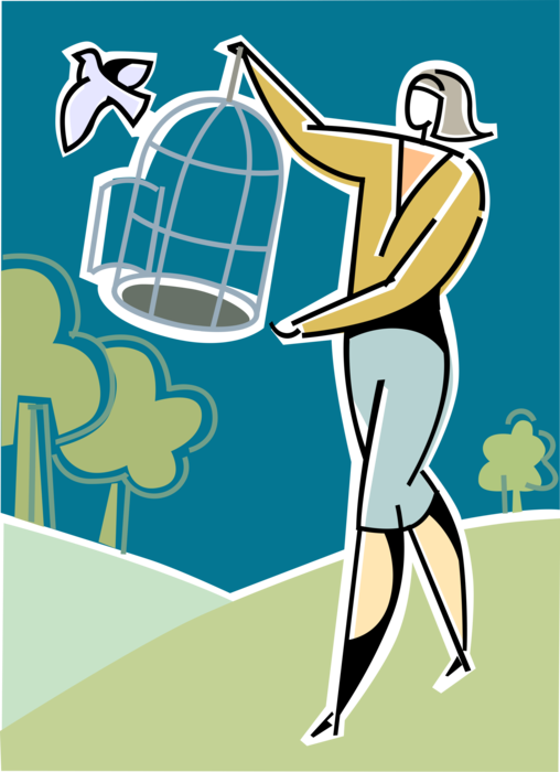 Vector Illustration of Businesswoman Believes in Freedom from Oppression Achieves Spiritual Enlightenment Setting Caged Bird Free to Fly