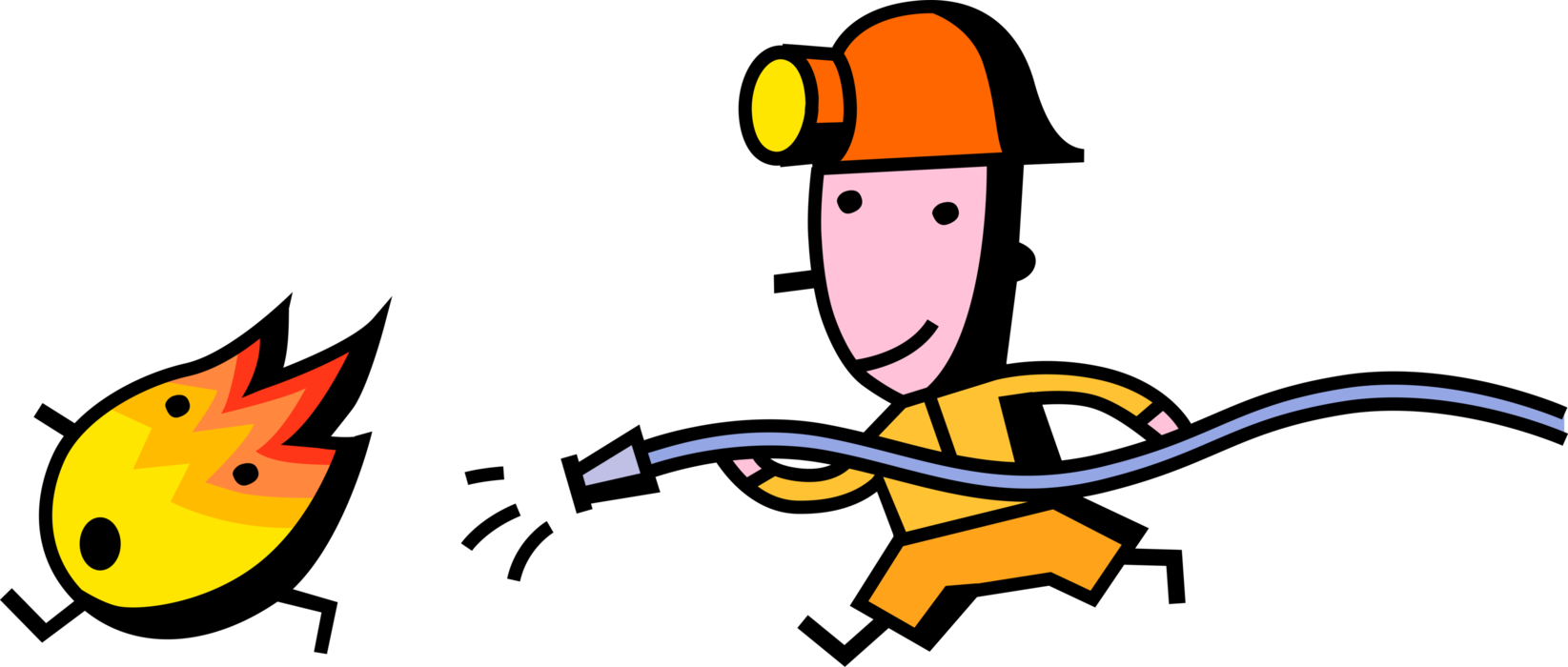 Vector Illustration of Firefighter Fireman Fights Runaway Fire Flames with Firehose and Water