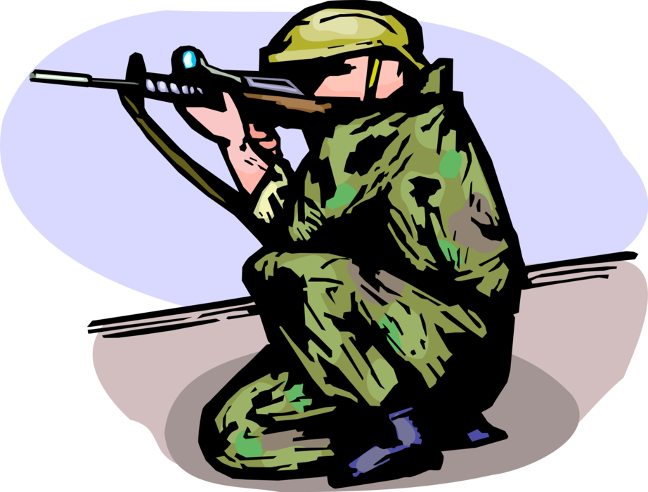 Vector Illustration of Heavily Armed United States Military Soldier Take Aim with Weapon Rifle Gun