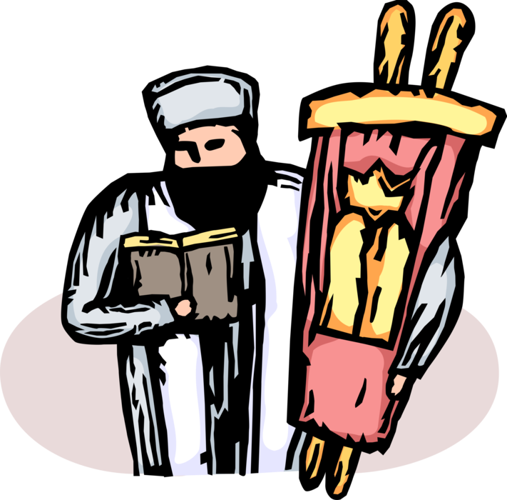 Vector Illustration of Hebrew Jewish Rabbi with Sefer Torah Parchment Scroll Holiest Book in Judaism