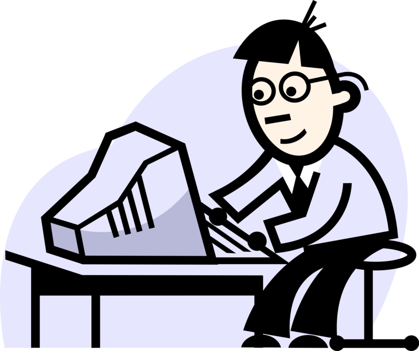 Vector Illustration of Businessman Works on Computer at Office Desk