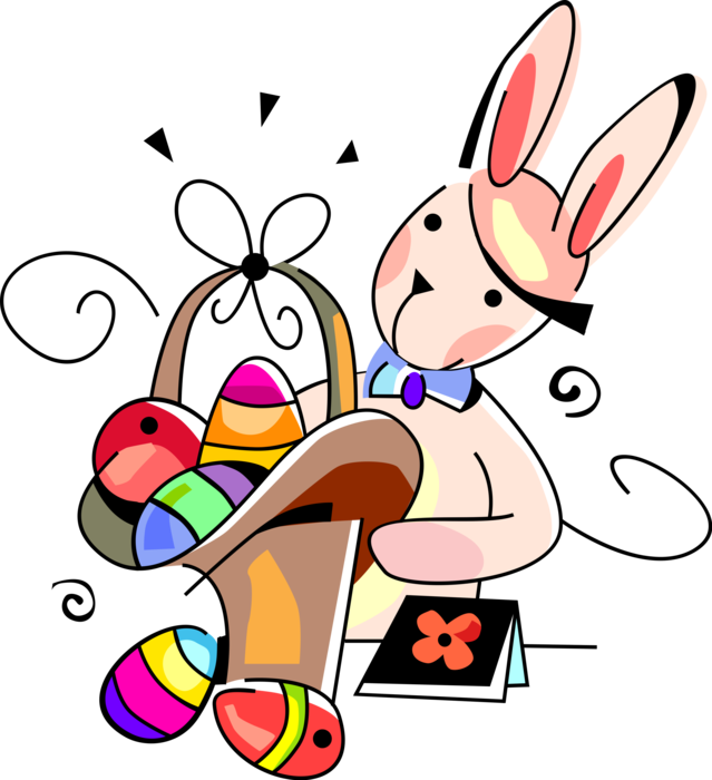 Vector Illustration of Pascha Easter Bunny Rabbit with Basket of Colored Decorated Eggs