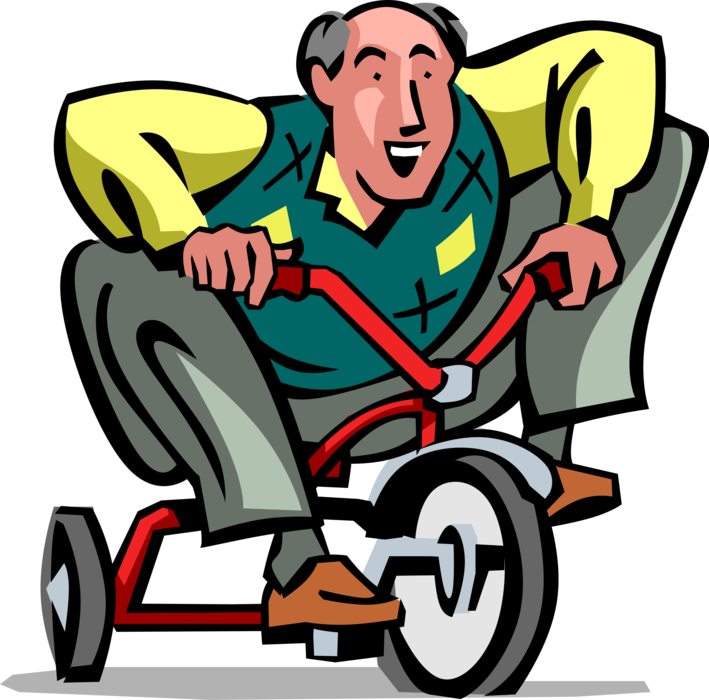 Vector Illustration of Retired Elderly Senior Citizen Feels Young Again Riding Child's Three-Wheel Tricycle