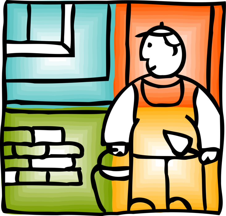 Vector Illustration of Mason Bricklayer Lays Masonry Bricks with Mortar