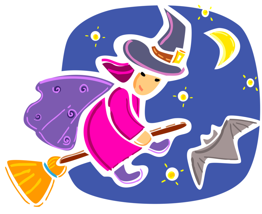 Vector Illustration of Halloween Sorceress Witch Flying on Broomstick Broom with Vampire Bat