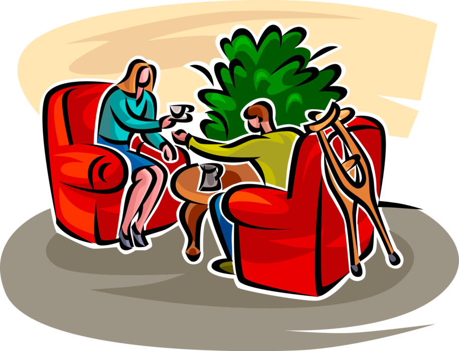 Vector Illustration of Friend Visits Accident Patient on Crutches and Socialize in Chairs Drinking Coffee