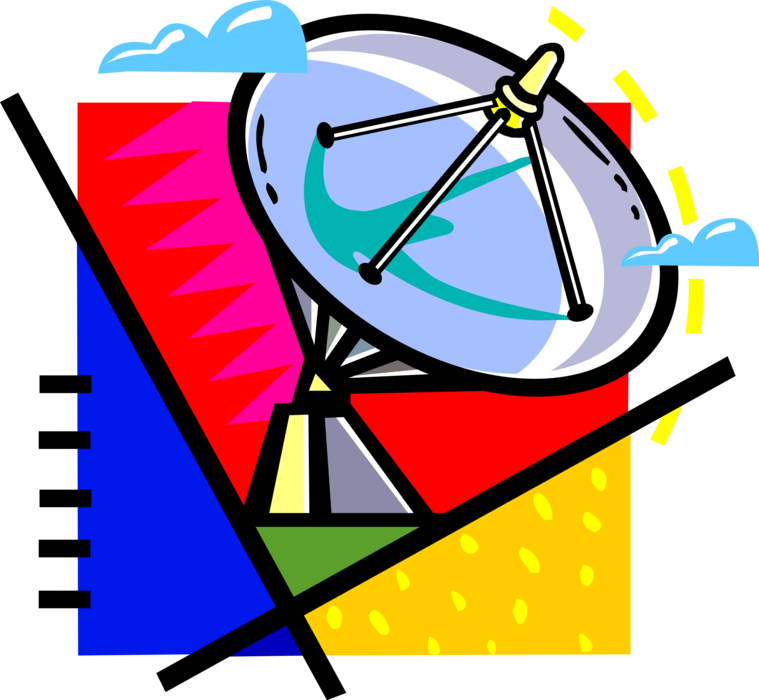 Vector Illustration of Satellite Dish Parabolic Antenna Send and Receive Electromagnetic Signals