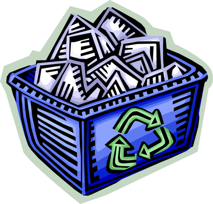 Vector Illustration of Recycle Blue Box Receptacle with International Recycling Logo and Paper