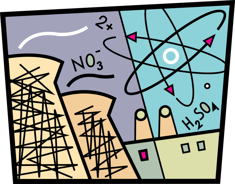 Vector Illustration of Nuclear Power Plant with Chemistry Molecule Atoms Held Together by Chemical Bonds