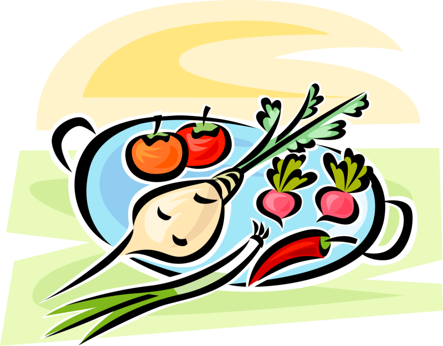 Vector Illustration of Tomatoes, Shallot Onion, Radish, Chili Pepper, Parsnip Vegetables on Platter