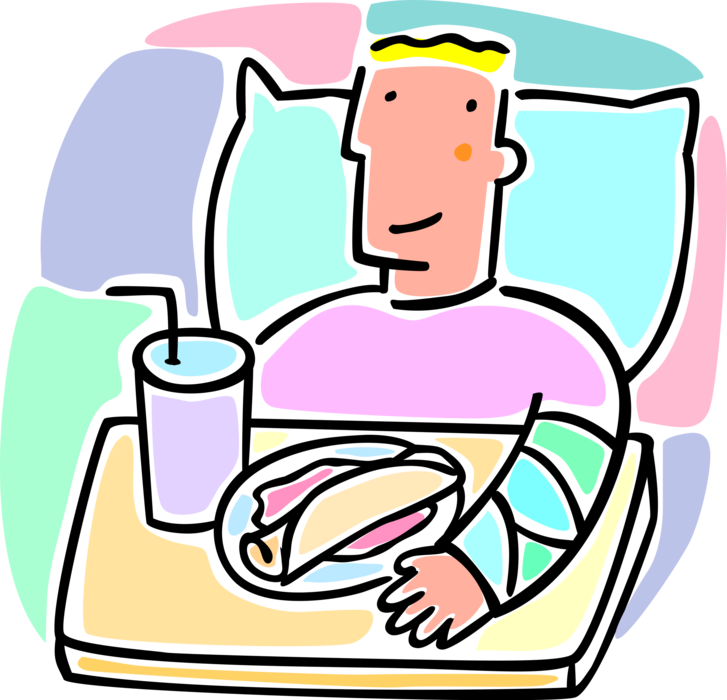 Vector Illustration of Hospital Patient Sick Boy in Bed with Broken Arm Eats Lunch Sandwich and Drink