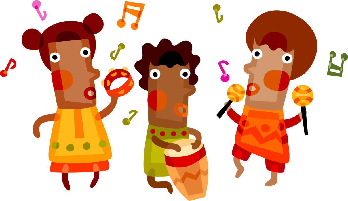Vector Illustration of Traditional African Tribal Musicians Play Music, Sing and Dance During Festive Celebration