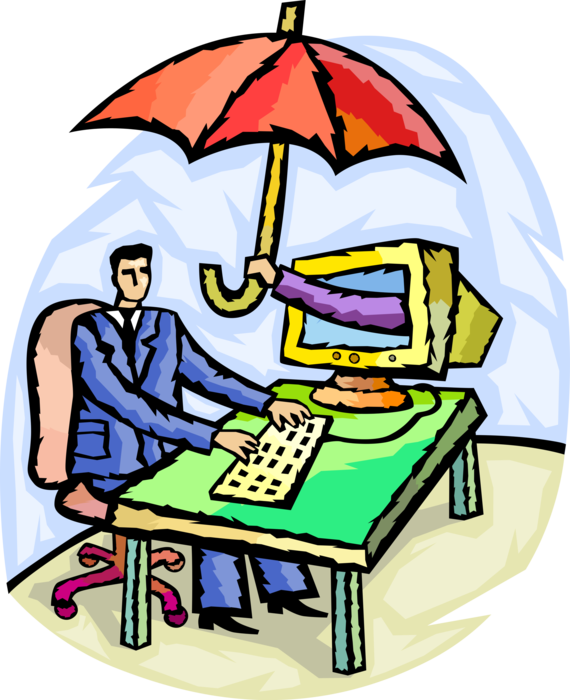 Vector Illustration of Businessman Works at Office Desk with Hand Holding Risk Insurance Coverage Umbrella