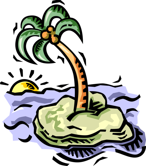 Vector Illustration of Deserted Island and Palm Tree with Ocean Waves and Setting Sun