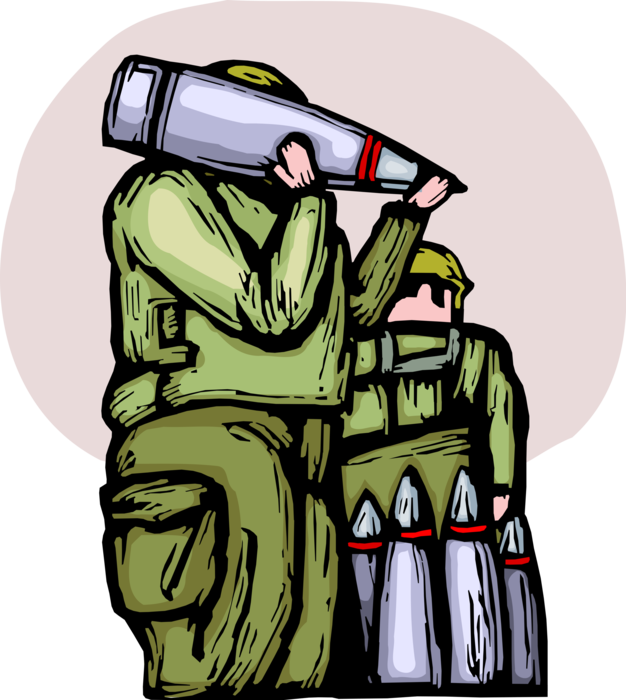 Vector Illustration of United States Military Army Soldiers Load Artillery Munition Bombs During Combat Operations 
