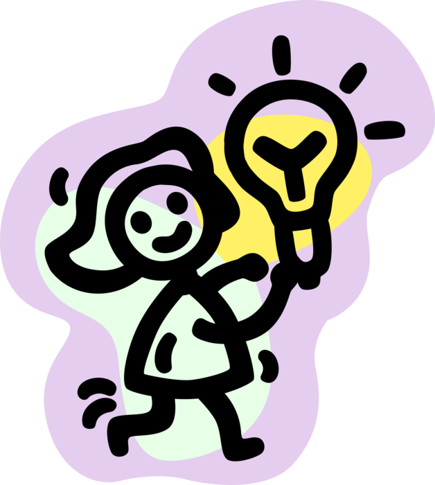 Vector Illustration of Woman Holds New Innovation and Invention Good Idea Light Bulb