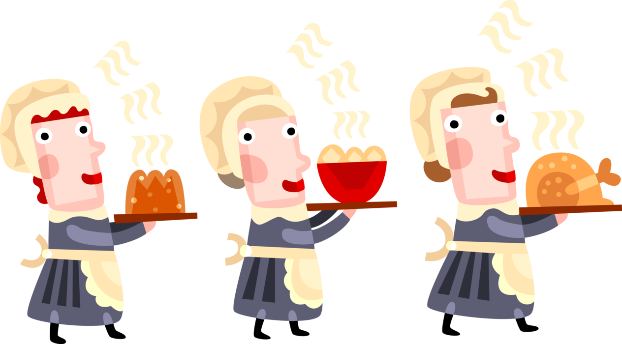 Vector Illustration of Pilgrim Pioneer Women Serve Festive Thanksgiving Dinner Roast Turkey, Potatoes, Fresh Bread