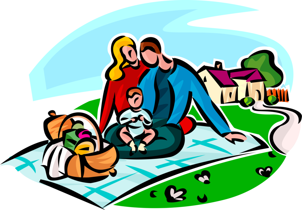 Vector Illustration of Family Outdoor Picnic on Blanket with Food on Summer Day