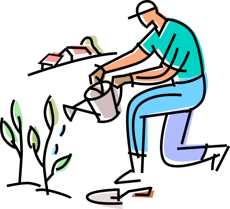 Vector Illustration of Gardener Waters Flowering Plants in Garden with Watering Can