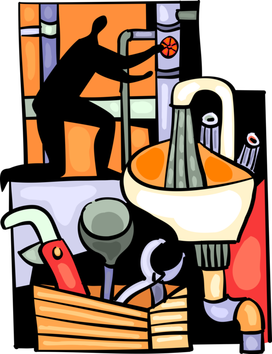 Vector Illustration of Plumber with Plumbing Tools Fixes Leak in Water Pipe