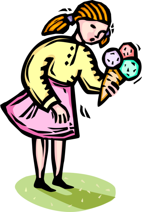 Vector Illustration of Young Girl Enjoys Ice Cream Cone Frozen Treat